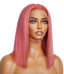 Pre-Plucked 13x4 Pink Straight Bob Lace Frontal Wig 150% Density - 100% Human Hair