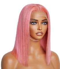 Pre-Plucked 13x4 Pink Straight Bob Lace Frontal Wig 150% Density - 100% Human Hair