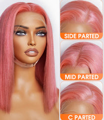 Pre-Plucked 13x4 Pink Straight Bob Lace Frontal Wig 150% Density - 100% Human Hair