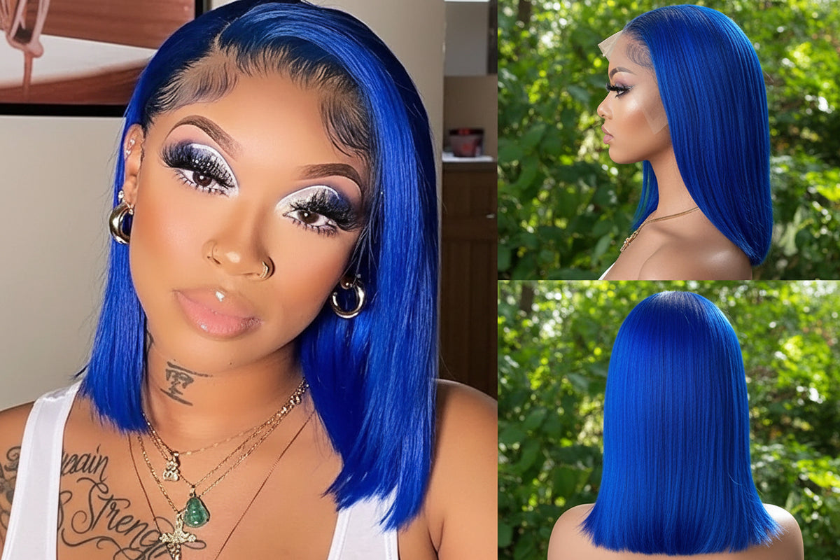 Dark Blue 13x4 Lace Front Bob Wig - 12 Inch 180% Density Virgin Human Hair