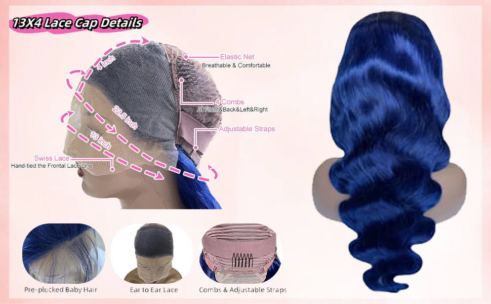 13x4 Transparent Lace Front Wig Blue - 12-30 Inch Virgin Human Hair Colored Wig