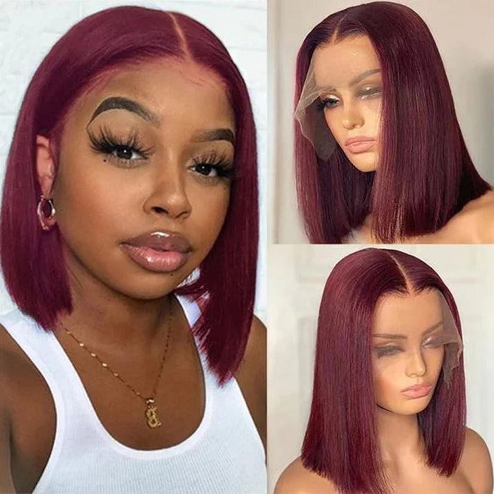 Burgundy Red Short Straight Bob Wig 13x4Lace Front Human Hair 10 Inch 150% Density