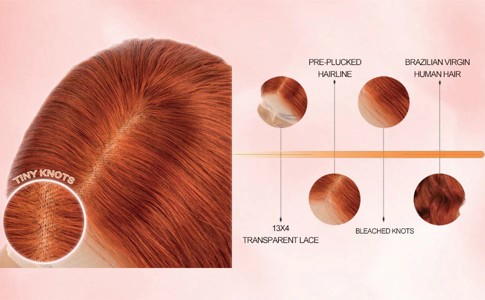 13x4 Transparent Lace Front Wig Ginger Orange - 12-30 Inch Virgin Human Hair Colored Wig